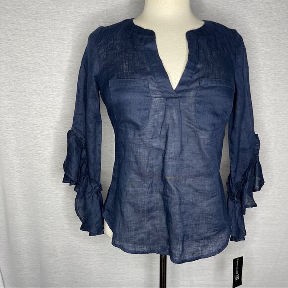 K). INC Ruffles Half arm length Sleeve V-neck Blouse Blue Petite NWT - Picture 2 of 12